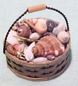 Dollhouse Miniature Shells In Large Round Basket W/Handle